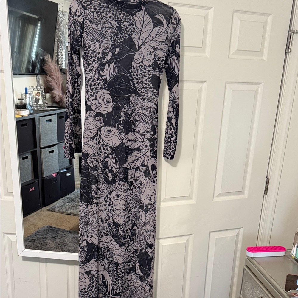 SHEIN Black and Gray Floral Long Sleeve Dress